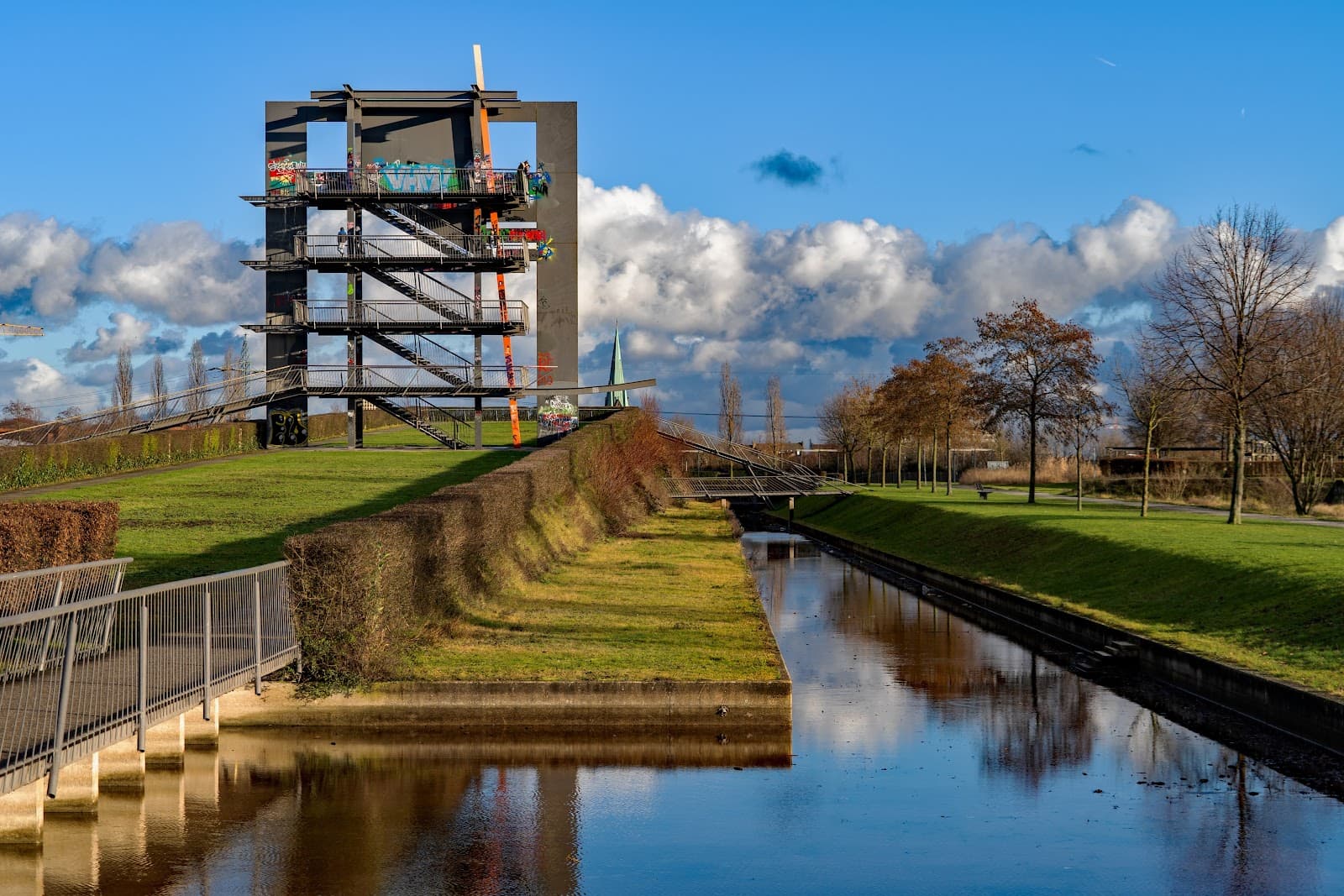 Olga Park Germany — canal with distinctive steel tower structure